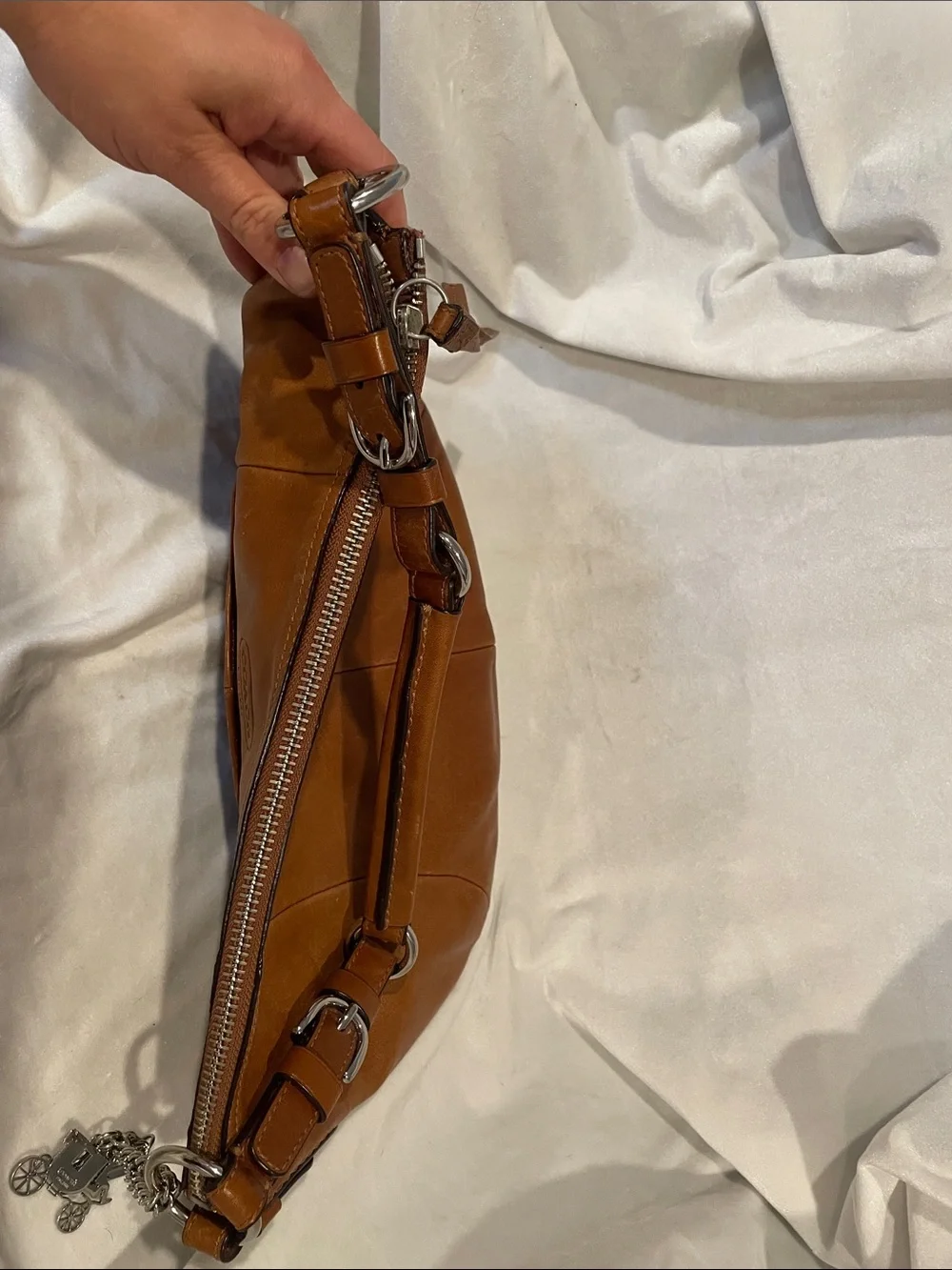 Y2K Coach Brown Leather Shoulder Hobo Bag with Chain Charm